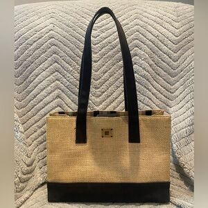 City, DKNY tan and black woven tote snaps to close , striped interior.